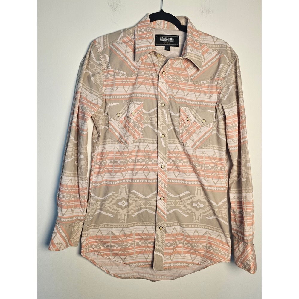 [Western Boho] Rock & Roll Denim Snap‎ Shirt Mens Small Tan Coral Tribal Aztec